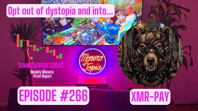 The image features a pink wall with a large screen displaying a cartoon bear. The text "XMR-PAY" can be seen below the bear, possibly indicating that this is an advertisement or promotional material related to XMR-Pay. The image also includes a caption about the podcast episode number (#266) and a link to the podcast's website.