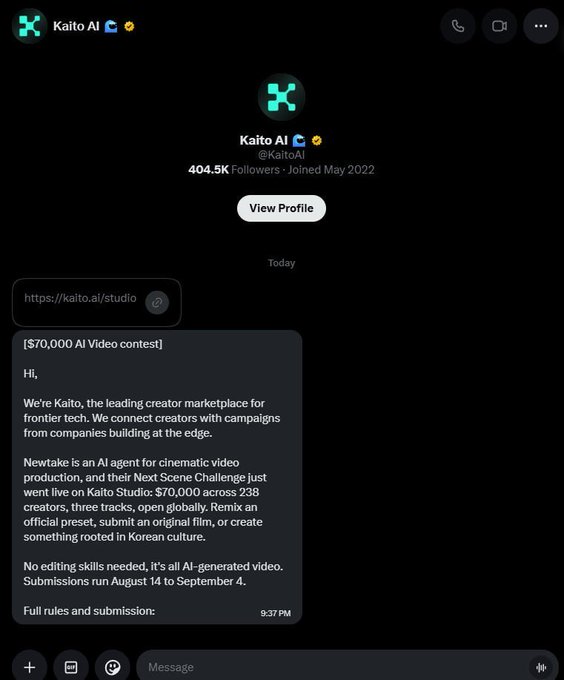 A screenshot of a Twitter/X DM from Kaito AI (@KaitoAI, 404.5K followers) announcing a $70,000 AI Video contest in partnership with Newtake, with submissions running August 14 to September 4.