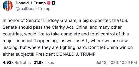 A Truth Social post from Donald J. Trump (@realDonaldTrump) dated July 13, 2026, urges the U.S. Senate to pass the Clarity Act in honor of Senator Lindsey Graham, warning that China and other countries seek to dominate digital assets and AI. The post received 4.93k ReTruths and 21.6k Likes, and aligns with the accompanying article about the CLARITY Act's path through Congress and its goal of establishing federal oversight of the digital asset industry.