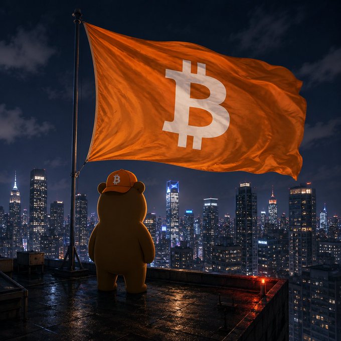 A 3D-rendered image of a brown bear character wearing an orange 'Bitcoin' cap standing on a rooftop overlooking a city skyline at night, with a large orange Bitcoin flag waving beside it.