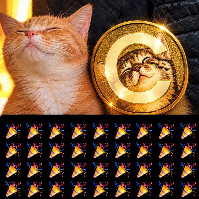 An orange cat blissfully nuzzles a gold coin featuring another cat's face alongside the letter "C," above a row of colorful party popper emojis, playfully tagging Binance intern with a festive crypto-themed birthday wish.