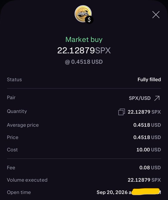 A crypto market buy confirmation for 22.12879 SPX at 0.4518 USD, fully filled for a total cost of 10.00 USD with a 0.08 USD fee, opened on Sep 20, 2026.