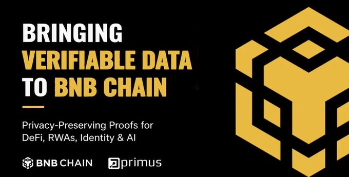 A promotional banner reading 'BRINGING VERIFIABLE DATA TO BNB CHAIN - Privacy-Preserving Proofs for DeFi, RWAs, Identity & AI' with logos for BNB Chain and Primus alongside a gold geometric icon.