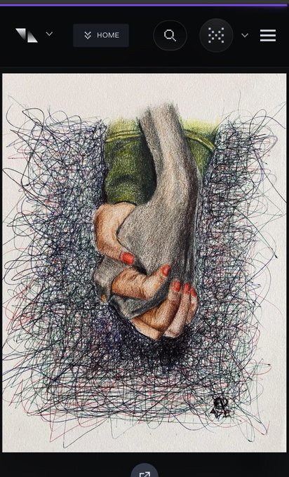 A digital interface displaying a sketch of two hands holding each other, with the top hand appearing green and the bottom hand featuring red nail polish, surrounded by chaotic scribbled lines.