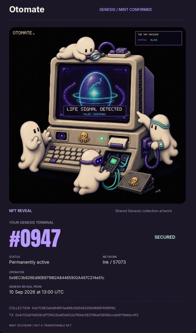 An NFT listing on Otomate displays 'YOUR GENESIS TERMINAL #0947 SECURED' featuring pixel art of ghost-like creatures around a retro terminal with a screen reading 'LIFE SIGNAL DETECTED.'