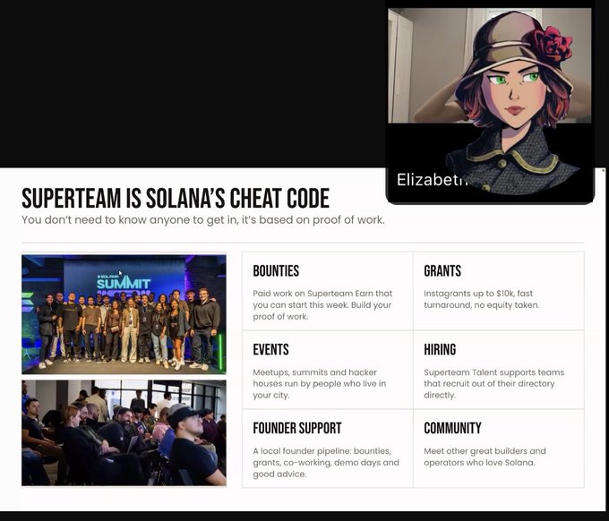 A webpage about 'SUPERTEAM IS SOLANA'S CHEAT CODE' with sections for Bounties, Grants, Events, Hiring, Founder Support, and Community, alongside a photo of people at the Solana Summit.