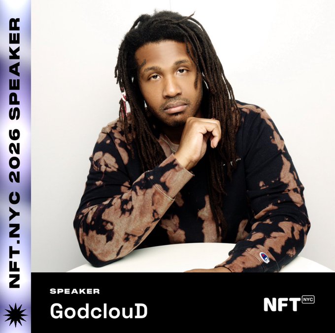 A speaker announcement for 'GodclouD' at 'NFT.NYC 2026', showing a portrait of a man with dreadlocks wearing a tie-dye shirt, resting his chin on his hand.