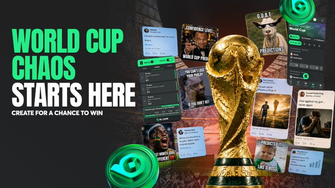 The image features a large gold trophy with a green label that reads "World Cup Chaos Starts Here" along with various social media posts related to the World Cup. The text encourages users to create content for the World Cup, such as memes or reactions, which can be used in the game to gain rewards. The post also mentions that there is a prize of up to $BC per submission and encourages users to share their creations on platforms like X, TG World Cup Hub, or Reddit.