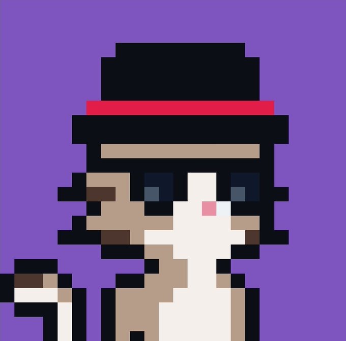 A pixel art portrait of a figure wearing a black top hat with a red band, holding a cane, set against a solid purple background.