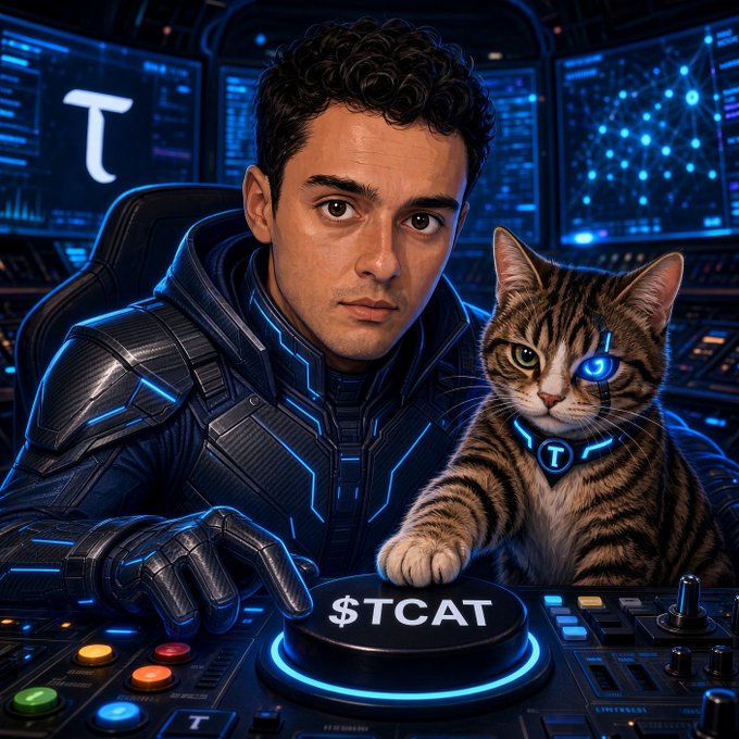 A futuristic, sci-fi style portrait of a young man in glowing dark armor sitting at a control panel alongside a tabby cat with a glowing blue cybernetic eye and collar, with a large '$TCAT' button in the foreground.