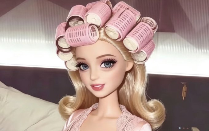 A blonde Barbie-style doll with pink hair curlers and a pink lace robe poses with big blue eyes and a slight smile, contrasting the post's serious meditation on trading mastery—her "preparing" appearance humorously mirrors the self-discipline psychology and self-control the post describes as essential for long-term success in trading.