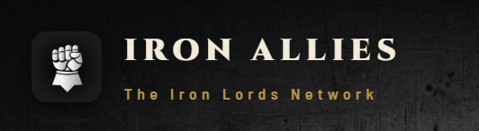 The image displays the "IRON ALLIES" logo with "The Iron Lords Network" tagline on a dark background, featuring a stylized metallic gauntlet icon. The branding aligns with the post's description of IronAllies as a curated Web3 community network.