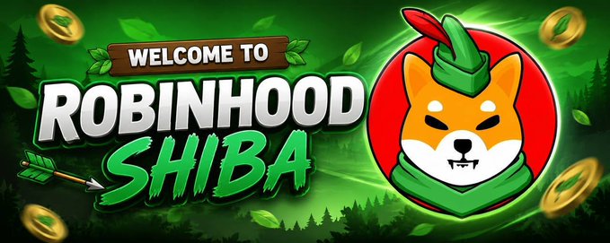 The image displays a promotional banner featuring the text "WELCOME TO ROBINHOOD SHIBA" alongside an illustration of a Shiba Inu dog wearing a green Robin Hood hat with a feather, surrounded by floating gold coins. The banner visually reinforces the post's announcement of the Robinhood Shiba token launch by branding the meme coin with its Robin Hood-themed canine mascot.