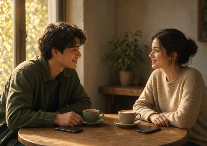 A young couple with curly hair sits smiling at each other across a wooden table with two coffee cups, a smartphone, and a small plant visible in the background.
