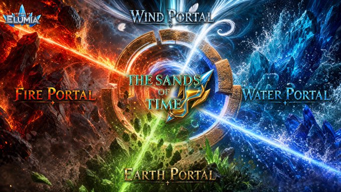 Fantasy video game promotional art titled 'The Sands of Time' featuring a central glowing portal surrounded by four elemental realms labeled 'Fire Portal' (red/orange), 'Wind Portal' (top), 'Water Portal' (blue), and 'Earth Portal' (green).