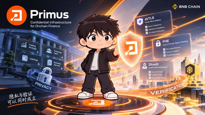 The image is a promotional banner for Primus, advertised as "Confidential Infrastructure for Onchain Finance" on BNB Chain, featuring a cartoon character holding a shield and surrounded by floating panels listing features like zkTLS (Verify What Matters, Proof of Reserves, Verifiable Compliance, On-Chain Verification), FHE (Fully Private, Keep it Working, Encrypted Balance, Private Transfers, Private Strategies), and ZKredit (Credit Without Exposure, Zero-Leak Profile, Credit Scoring, Secured Decision), alongside a classical building displaying metrics such as "Trading strategy," "Holdings," "Customer Data," and "Business Secrets."

The visual supports the post's argument by illustrating Primus's dual promise of "Privacy" and "Verification" — visually representing the idea that institutional needs for confidentiality (protecting holdings, strategies, and client data) can coexist with selective transparency and verifiability for auditors and counterparties.
