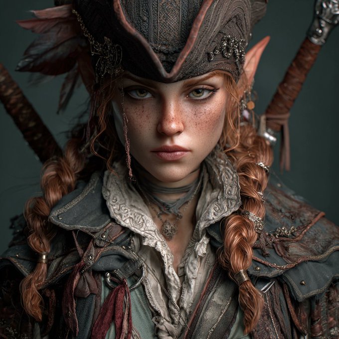 A highly detailed digital portrait of an elven female character with pointed ears, red braided hair, freckles, and an ornate pirate-style hat and weathered clothing.