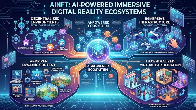 The image is a poster that explains what AI-powered immersive digital reality ecosystems are and how they can be used in various aspects of life, such as entertainment and commerce, education, and social interaction. The poster features multiple illustrations depicting different scenarios where these systems can be applied. The key message emphasizes the potential impact of AI on creating immersive experiences that can revolutionize the way people interact with digital media and virtual environments.