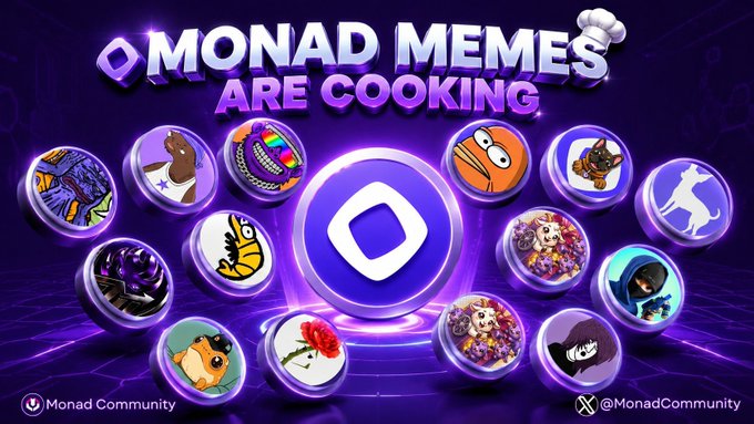 A promotional graphic for "Monad Memes Are Cooking" by the Monad Community (@MonadCommunity) showcases the Monad blockchain logo at the center, surrounded by various character-based meme NFTs, visually emphasizing the vibrant and creative meme culture tied to the Monad chain. The image directly supports the post's theme of Monad's promising ecosystem by highlighting its community-driven meme art and the variety of opportunities the chain offers.
