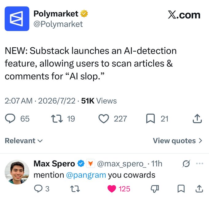 A screenshot of a Polymarket tweet announcing that Substack has launched an AI-detection feature to scan articles and comments for "AI slop," followed by a quoted reply from Max Spero tagging @Pangram, suggesting Polymarket is using this news to promote Pangram's AI detection tool at the expense of proper sourcing.