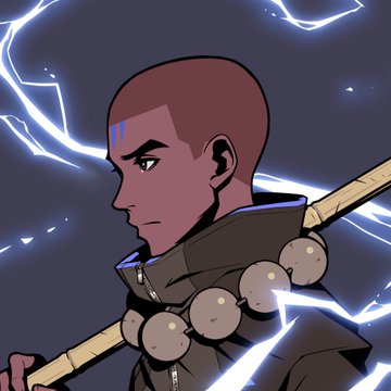 An anime-style illustration of a character with short brown hair and a beaded necklace, holding a wooden staff against a dark background with blue lightning effects.
