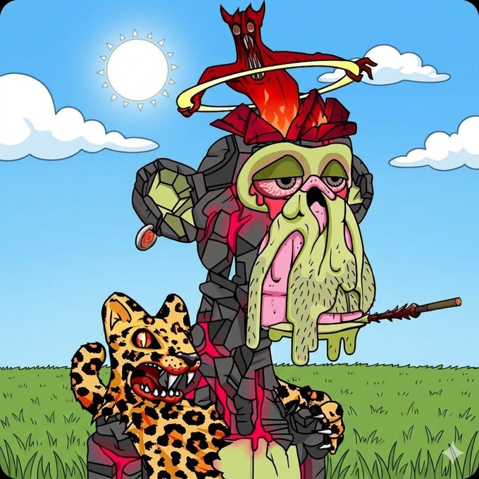 The image features an illustration of a monkey with a face painted on its head that looks like a human being. The monkey has a large googly eye and a red nose, giving it a unique appearance. It appears to be sitting on top of a rock or stone structure in what seems to be a field. The background is filled with clouds, adding to the overall atmosphere of the scene.

The image also includes text that reads "gm fellow apes once a mutant, always a mutant @BoredApeYC". This phrase refers to the monkey's unique appearance and its association with the character Gm from the cartoon series "Germantron". The combination of the monkey's face paint and the reference to the character creates an interesting visual connection between the illustration and the post.