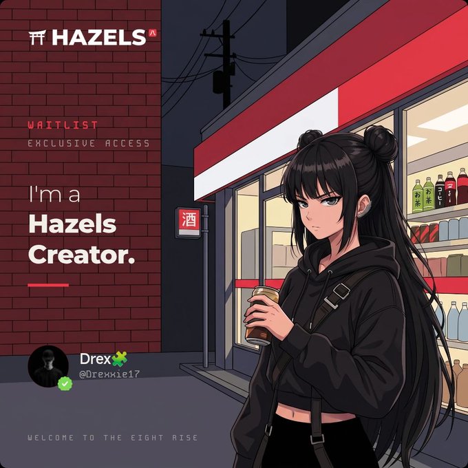 A profile graphic for 'HAZELS' featuring an anime-style girl holding a drink outside a convenience store, with text 'I'm a Hazels Creator' and the username '@Drexmiel7'.