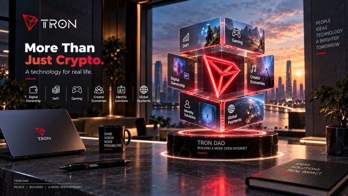A promotional graphic for TRON featuring the tagline 'More Than Just Crypto' and 'A technology for real life,' highlighting services like Digital Ownership, DeFi, Gaming, and Creator Economies, with a central TRON DAO cube display.