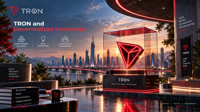 Promotional graphic for TRON titled 'TRON and Decentralized Innovation,' featuring a futuristic cityscape, the red TRON logo in a glass display, and a coffee mug.