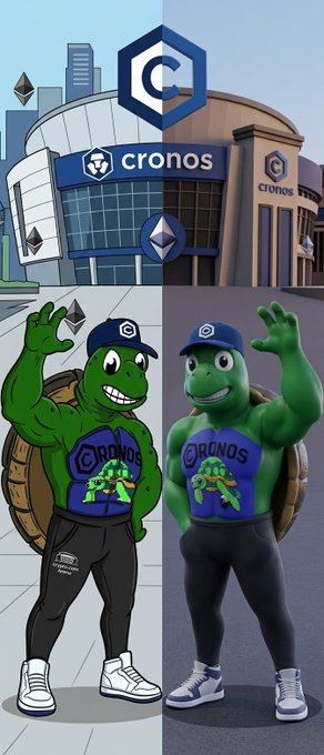 A split-screen illustration shows a muscular green turtle mascot wearing a 'Cronos' tank top on both cartoon and 3D-rendered sides, with the Cronos logo and an Ethereum symbol displayed above.