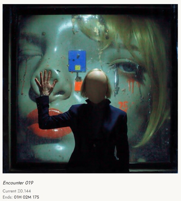 An NFT listing titled 'Encounter 019' showing a figure in a dark suit with their face obscured/featureless pressing their hand against glass, with a large stylized face of a woman with red lips behind them; current bid Ξ0.144, ending in 01H 02M 17S.