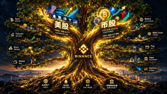 A glowing "Binance" tree with the central logo prominently displayed, surrounded by branches representing diverse offerings including "美股" (7000+ US stocks & ETFs, launching September 2026), "币股" (15% off US stocks, 1000+ crypto ETFs, launching September 2026), Web3, BNB Chain, Pay, RWA, Options, Spot, Futures, Earn, and Wallet—visually reinforcing the post's message that Binance is a thriving "tree" of global assets and "人生好物" (life's valuable assets) expanding beyond crypto into US stocks and tokenized stocks.