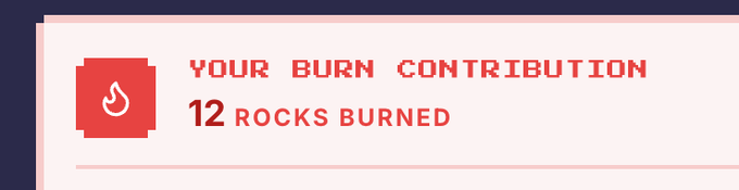 A digital badge reading "YOUR BURN CONTRIBUTION: 12 ROCKS BURNED" alongside a flame icon, confirming the poster's statement about burning 12 rocks in exchange for 2 WL (wishlist items).