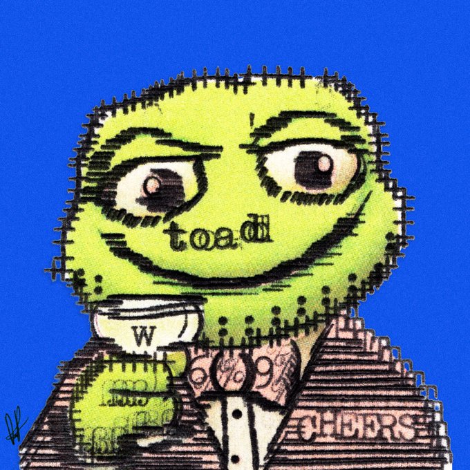 A mixed-media artwork depicts a green stitched, puppet-like face with the word 'toad' on its chin, set against a bright blue background.