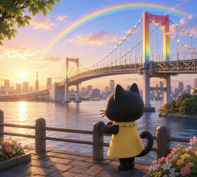 A whimsical 3D-rendered scene depicts a black cat in a yellow dress leaning on a railing, gazing at a rainbow-illuminated Rainbow Bridge and Tokyo cityscape at sunset.