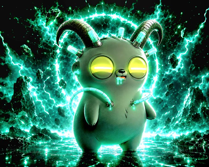 The image features a round, grey, goat-like creature with curved ram horns and glowing yellow eyes, standing amidst a chaotic scene of teal lightning and floating rocks.