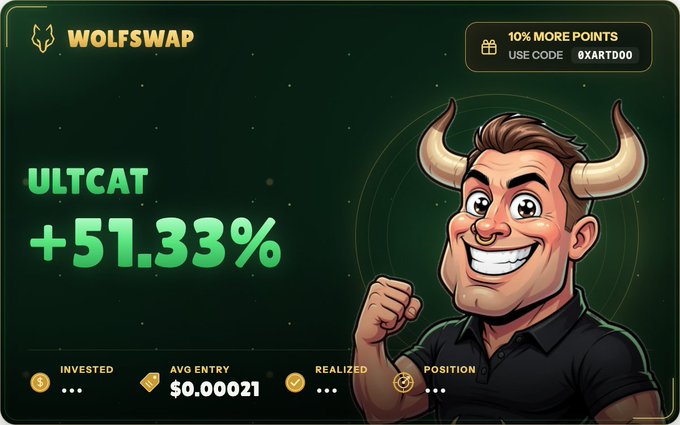 A promotional graphic for Wolfswap featuring a cartoon character with horns, advertising a 'ULTCAT' token with a +51.33% gain and offering '10% MORE POINTS' with code 0XARTD00.
