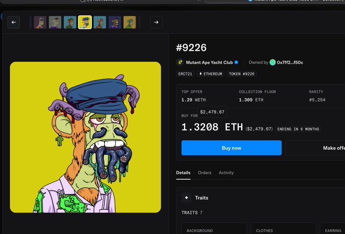 A screenshot of an NFT marketplace showing token #9226 from the Mutant Ape Yacht Club collection, priced at 1.3208 ETH ($2,479.67), featuring a green ape character with a blue cap and tentacle-like beard.