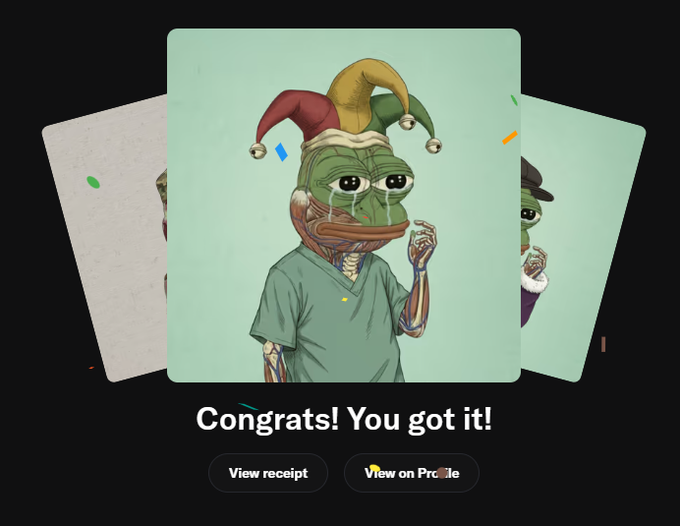 The image shows a digital trading card featuring a "crying" Pepe the Frog dressed in scrubs and a jester hat, displayed as a newly acquired NFT with the text "Congrats! You got it!" alongside buttons to "View receipt" and "View on Profile." This relates to the post from @anatomyofpepe, a Pepe-themed NFT collection, as the card represents a newly minted Pepe collectible being celebrated in the typical NFT acquisition format.
