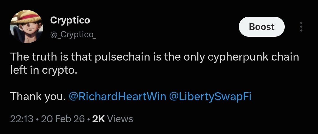 A tweet from user @_Cryptico_ (display name: Cryptico) stating: "The truth is that pulsechain is the only cypherpunk chain left in crypto. Thank you. @RichardHeartWin @LibertySwapFi" posted at 22:13 on 20 Feb 26 with 2K views.