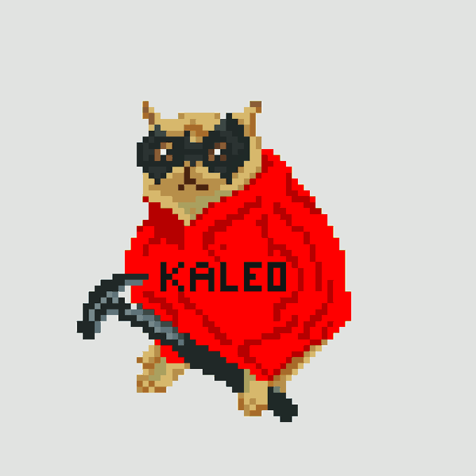 A pixel art illustration shows a cat wearing black sunglasses and a red hoodie with 'KALEO' written on it, holding a black handgun.