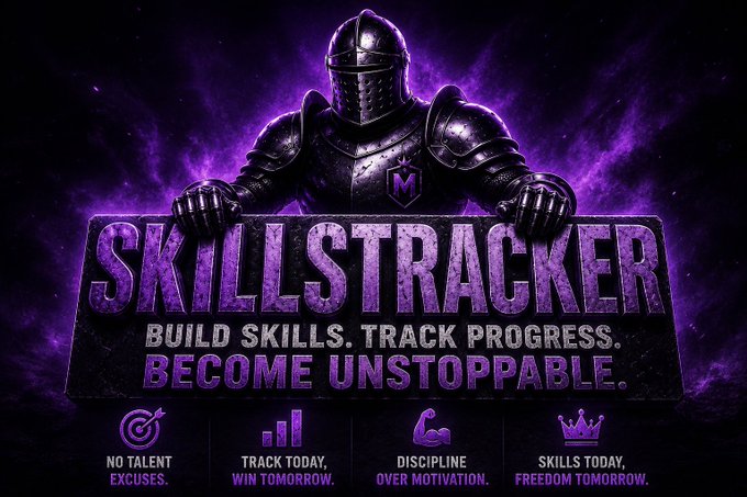A gaming or fitness promotional graphic featuring an armored knight with a purple background, displaying the title 'SKILLSTRACKER' and the slogans 'BUILD SKILLS. TRACK PROGRESS. BECOME UNSTOPPABLE.' along with icons labeled 'NO TALENT EXCUSES', 'TRACK TODAY, WIN TOMORROW', 'DISCIPLINE OVER MOTIVATION', and 'SKILLS TODAY, FREEDOM TOMORROW'.