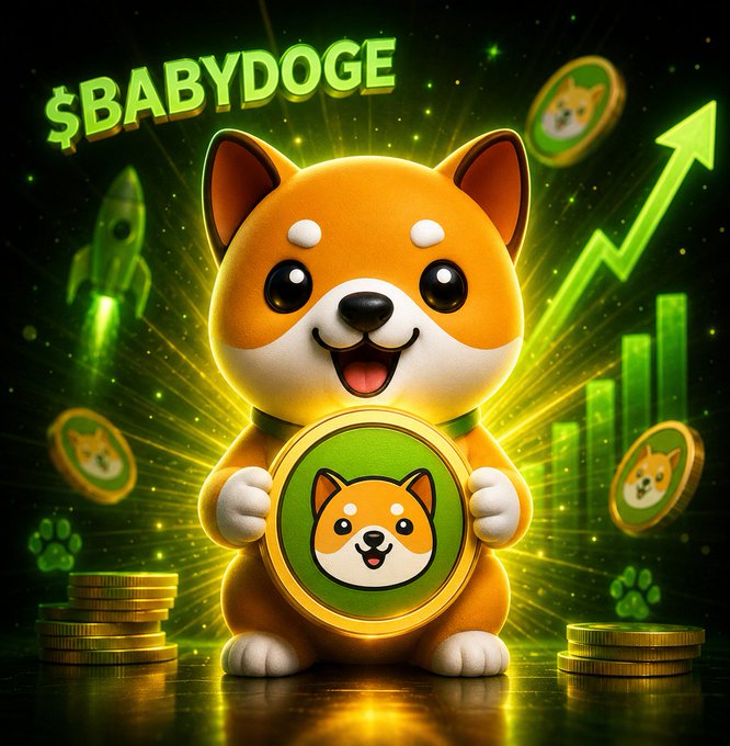 An adorable Shiba Inu mascot holds a $BABYDOGE coin with a rocket and a green upward trend graph in the background, highlighting the project's potential growth.
