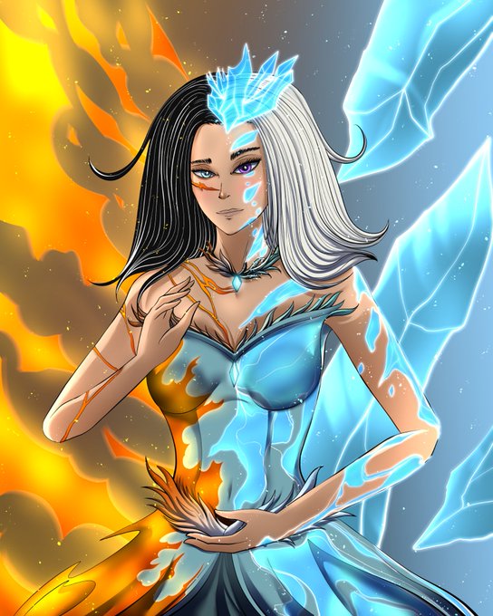 A digital illustration of a dual-element fantasy woman, half-encased in flames and half-frozen with ice crystals, wearing a crown and ice-blue gown with glowing blue wings. The artwork reflects the NFT's contrasting themes of "The Frozen Ember," with the fiery and icy elemental dichotomy visually representing the title's paradox.