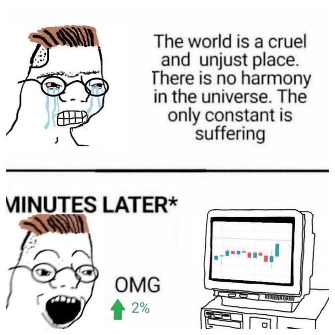 A two-panel meme uses the 'Soyjak' character crying about the world's suffering, followed by 'MINUTES LATER' where the same character excitedly yells 'OMG' with a 2% green arrow next to a computer showing a stock chart.