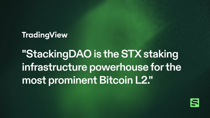 TradingView quote graphic with a dark green gradient background featuring the headline: "StackingDAO is the STX staking infrastructure powerhouse for the most prominent Bitcoin L2," with a green StackingDAO logo in the bottom right corner. The graphic promotes the company's coverage in relation to their stBTC announcement about expanding beyond STX staking to BTC.