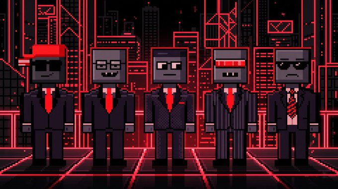 Five pixel-art characters dressed in dark suits with red ties stand in a row against a neon red cityscape backdrop, evoking a stylized Wall Street trading floor that visually reinforces the "OP Brokers" NFT collection announcement for Optimism.