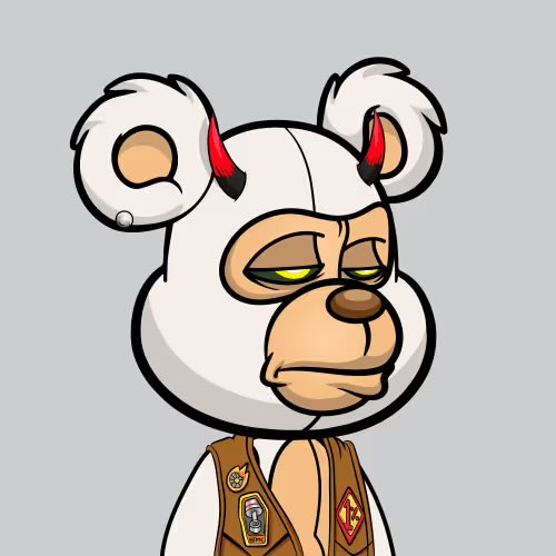 A cartoon illustration of a white bear character with red devil horns, half-lidded yellow eyes, wearing a brown vest adorned with various badges and pins.