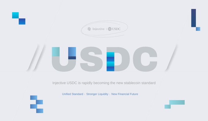 A minimalist graphic displaying the text 'USDC' with 'Injective' above it and the tagline 'Injective USDC is rapidly becoming the new stablecoin standard'.