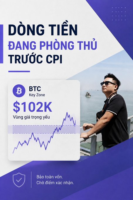 Vietnamese-language graphic about Bitcoin before CPI, showing a BTC Key Zone chart at '$102K' alongside a photo of a man wearing sunglasses.